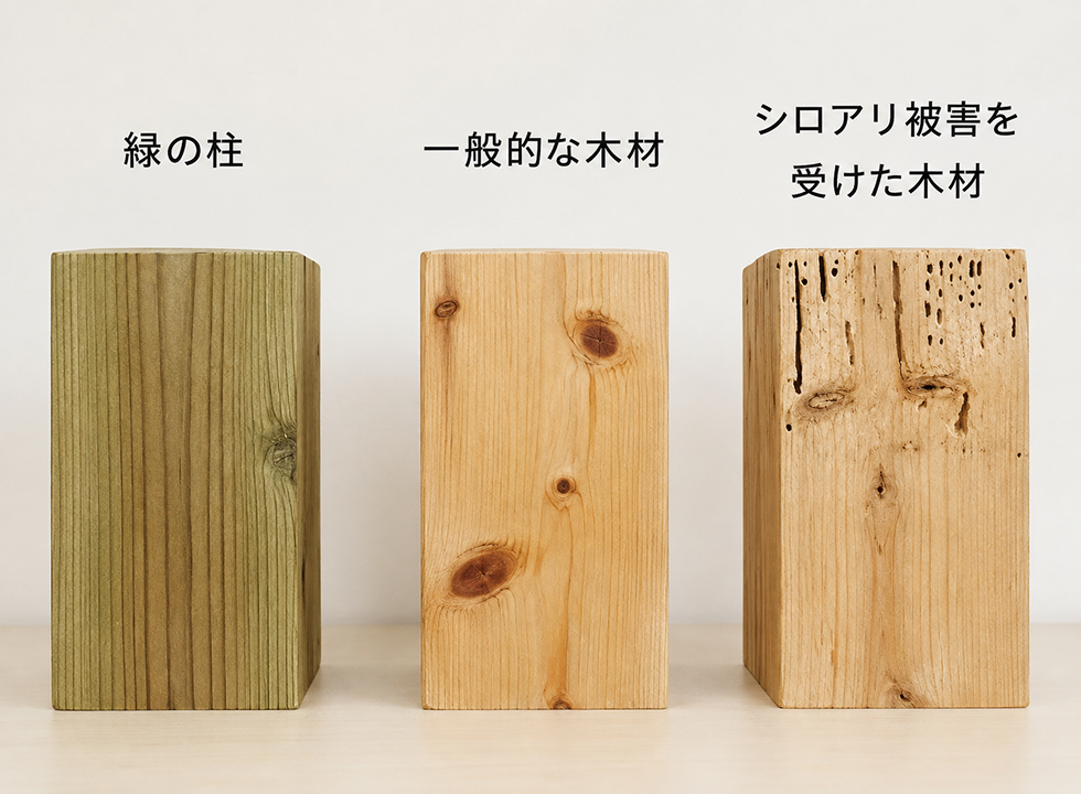 緑の柱・一般的な木材・シロアリ被害を受けた木材の比較